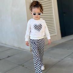 Children Kids Toddlers Girls Long Sleeve Love Top And Plaid Pants 2pcs Set