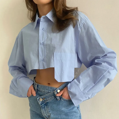 Asymmetric Patchwork Women Fashion Casual Long Sleeve Crop Blouse