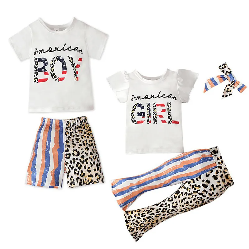 Children Kids Baby Fashion Girls Boys Independence Day Flag Short Sleeve Letter Print T-Shirt And Shorts Set