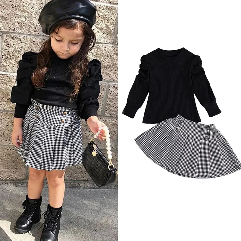 Children Kids Toddlers Girls Black Long Sleeves Tops And Skirt 2pcs Set