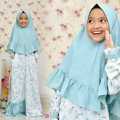 Children Kids Baby Fashion Girls Long-Sleeved Flower Print Dress And Headscarf Muslim 2pc Set