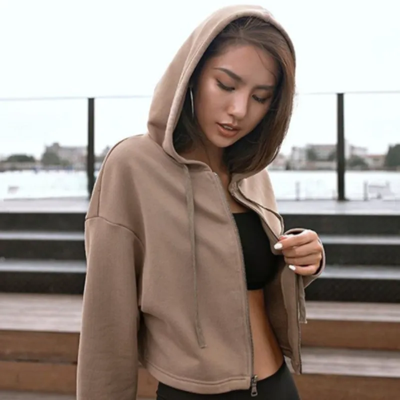 Fashion Athleisure Women Long-Sleeved Sports Cropped Zipper Solid Hoodie