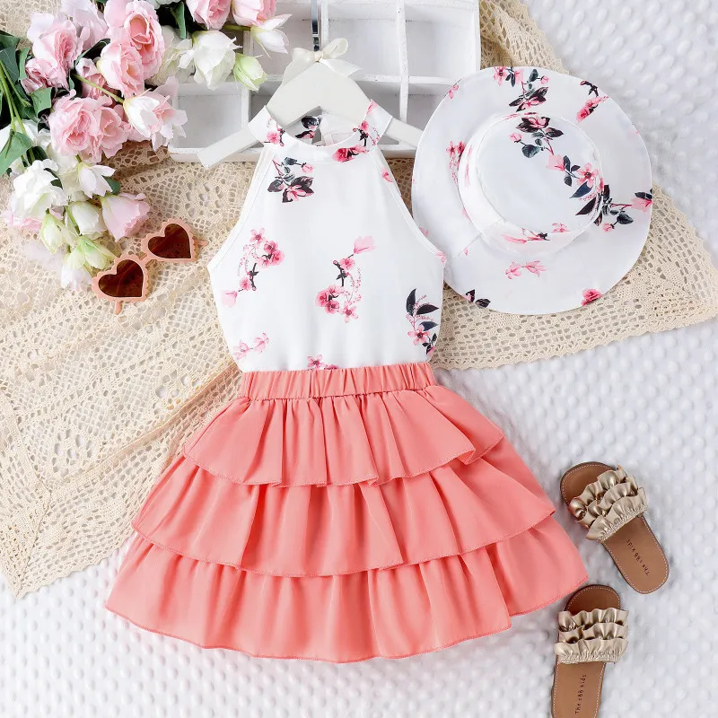 Kids Toddler Girls Casual Cute Floral Print Sleeveless Halter Neck Top Skirt Set