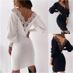 Women Elegant Office Autumn Lace Patchwork V-Neck Long Puff Sleeve Mini Bodycon Dress