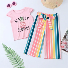 Children Kids Baby Fashion Girls Short Sleeve Pineapple Print T-Shirt And Stripes Pants 2pcs Set