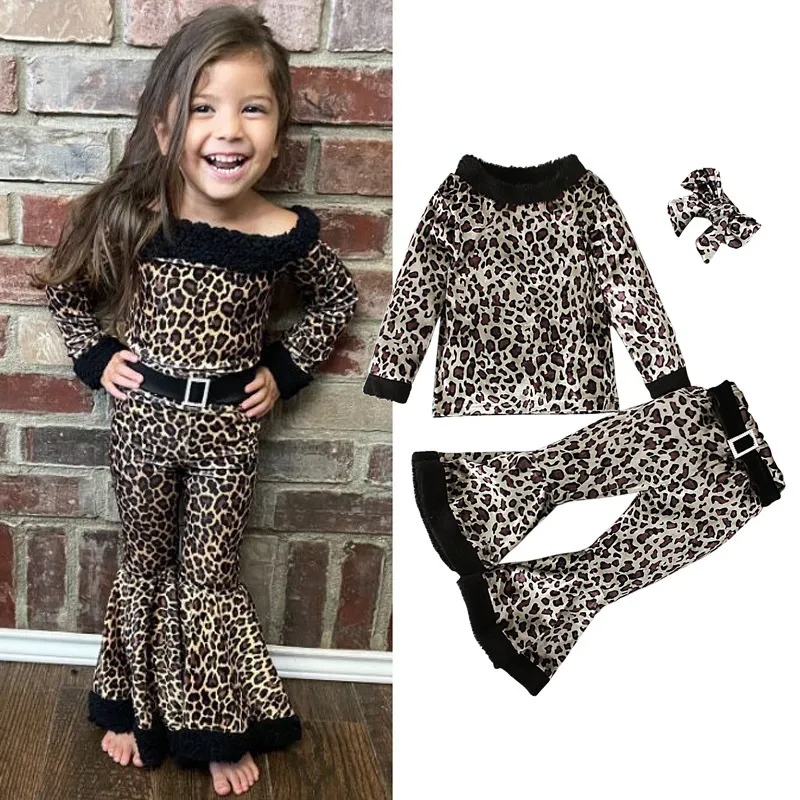 Children Kids Toddlers Girls Leopard Long-Sleeved Top And Flared Pants 2pcs Set