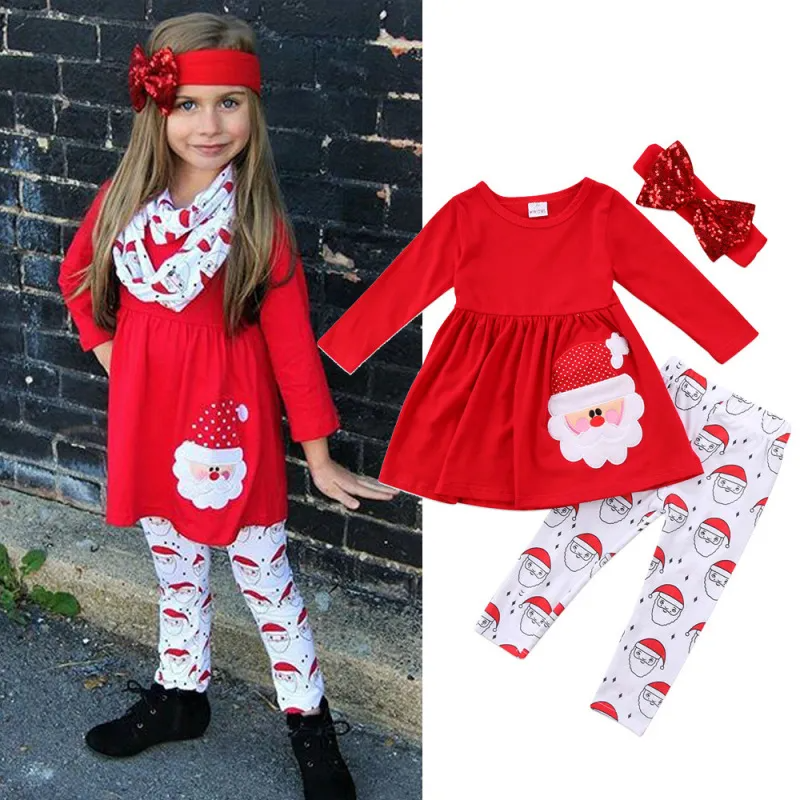 Kids Toddler Girls Party Santa Round Neck Long Sleeve Dress Pants Sets