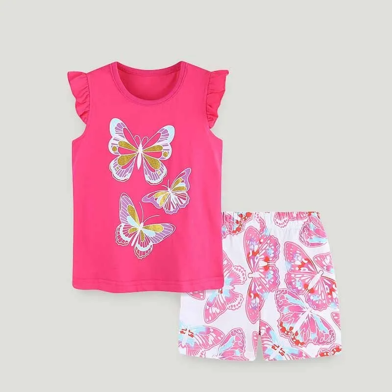 Kids Toddler Girls Casual Cute Butterfly Print Fluttering Sleeve Round Neck T-Shirt Shorts Set