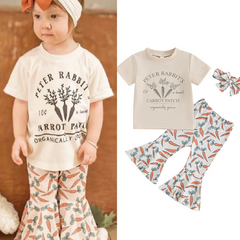 Kids Toddler Girls Casual Cute Easter Cartoon Letters Print Short Sleeve Round Neck T-Shirt Flare Trousers Set