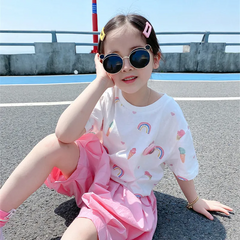 Children Kids Baby Fashion Girls Short Sleeve Cartoon Rainbow Print T-Shirt And Shorts 2pcs Set