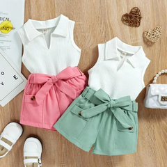 Kids Toddler Girls Casual Cute Solid Color Stripe Sleeveless Lapel T-Shirt Shorts Set