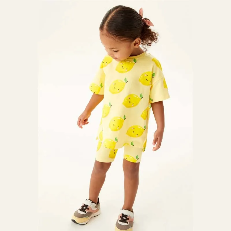 Children Kids Baby Fashion Girls Casual Basic Short Sleeve Lemon Print T-Shirt And Shorts 2pcs Set