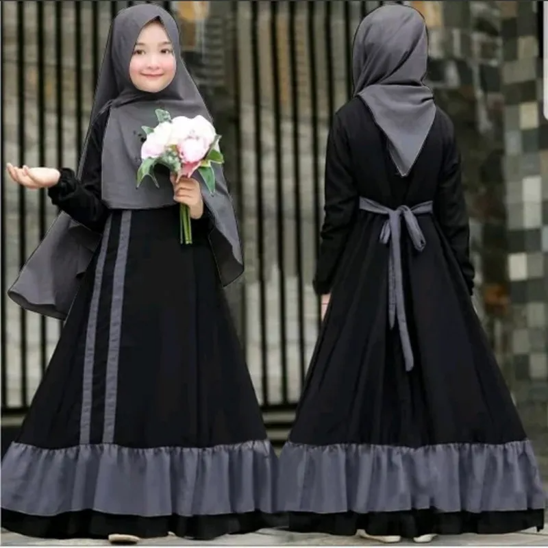 Children Kids Baby Fashion Girls Long-Sleeved Plain Color Dress And Headscarf Muslim 2pc Set