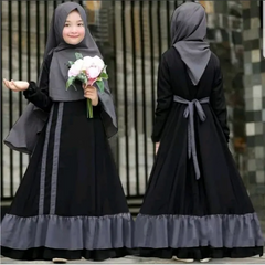 Children Kids Baby Fashion Girls Long-Sleeved Plain Color Dress And Headscarf Muslim 2pc Set