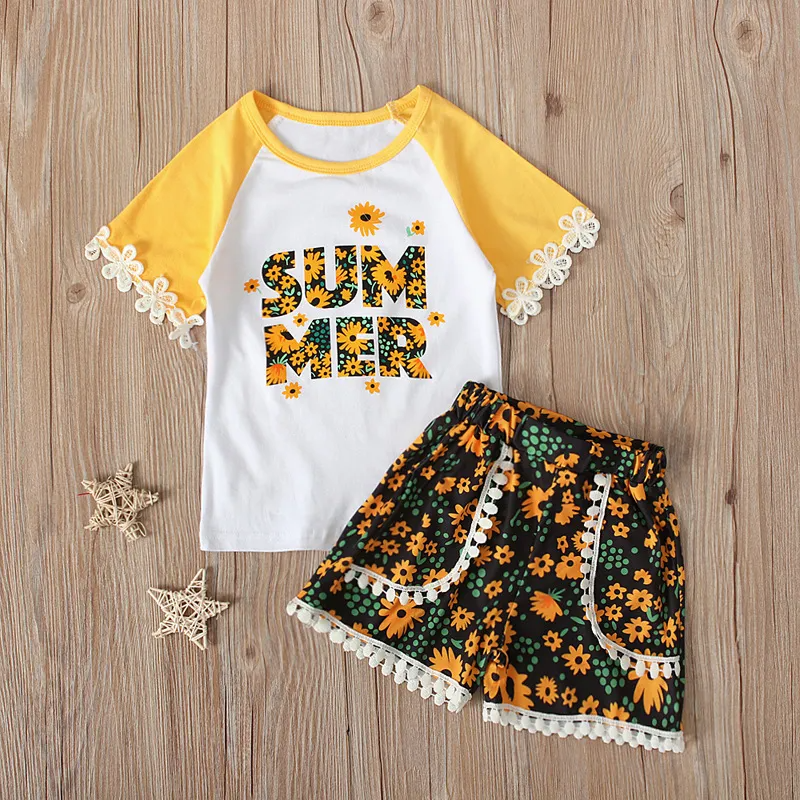 Children Kids Baby Fashion Girls Short Sleeve Letter Print Lace T-Shirt And Flower Print Shorts 2pc Set