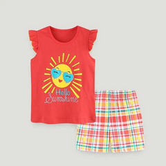 Kids Toddler Girls Casual Cute Cartoon Print Fluttering Sleeve Round Neck T-Shirt Plaid Shorts Set