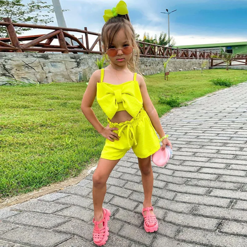 Children Kids Baby Fashion Girls Suspender Bow Knot Sleeveless Top And Shorts 2pcs Set