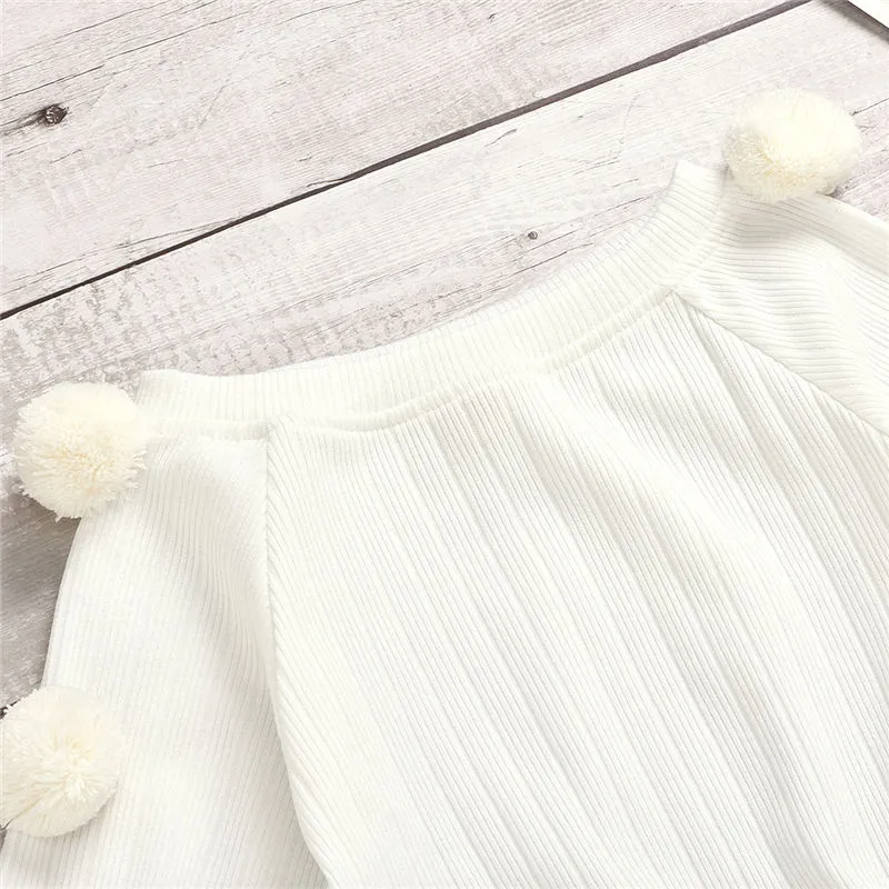 Girl Knitted Pompom Decor Long Sleeve Tops And Ripped Jeans Set