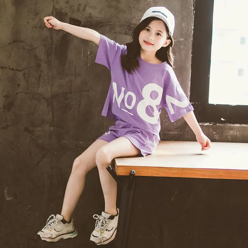 2pcs/Set Girls Loose Letter Print Round Neck Short Sleeve Tee And Shorts