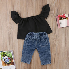 Girls Off-Shoulder Black Top And Jeans With Headband Set