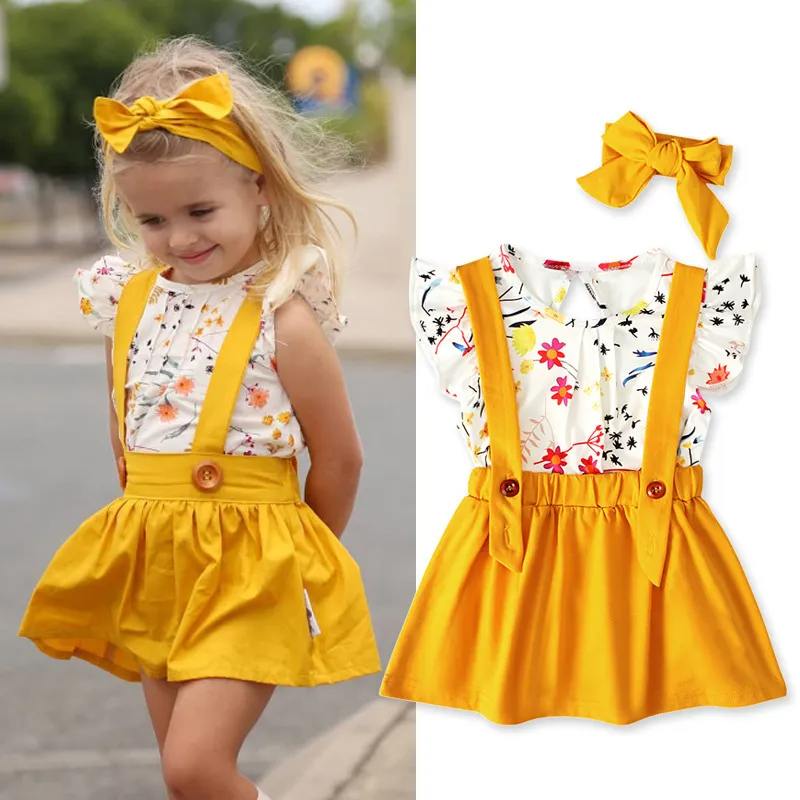 Kids Baby Girls Summer Fashion Casual Cute Tiny Flower Raglan Sleeve Round Neck Suspender Skirt Set