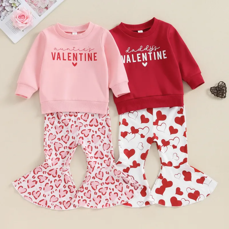 Kids Toddler Girls Valentine Cute Heart Print Long Sleeve Round Neck Sweatshirts Flare Trousers Set