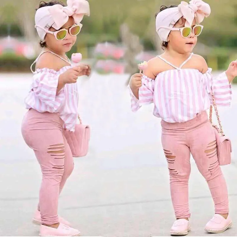 Children Kids Baby Fashion Girls Stripe One-Shoulder Top And Ripped Pants Set