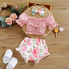 Kids Toddler Girls Casual Cute Solid Color Puff Sleeve Off Shoulder Top Floral Shorts Set