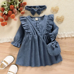 Children Kids Toddlers Fashion Girls Long Sleeve Lace Pit Strip Corduroy Dress