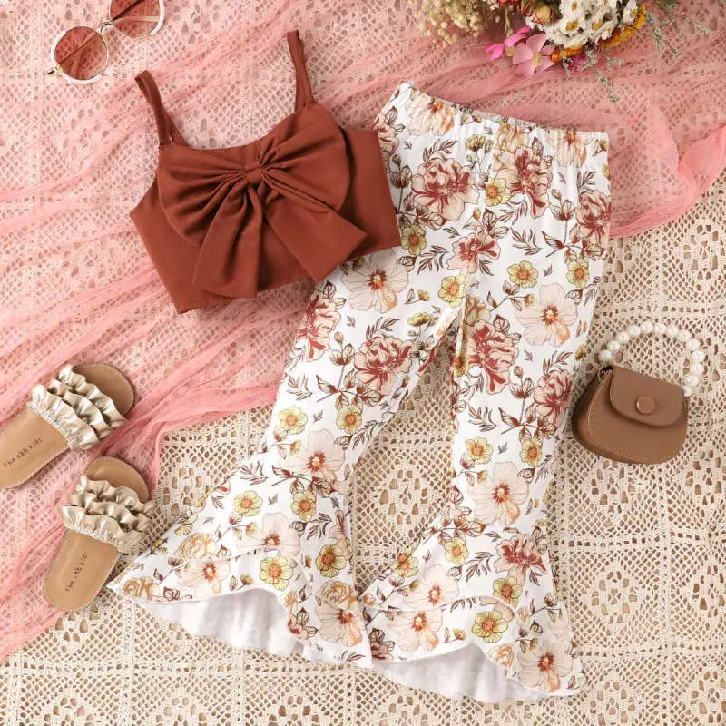 Children Kids Baby Fashion Girls Bowknot Sling Sleeveless Top And Flower Print Flared Pants 2pcs Set