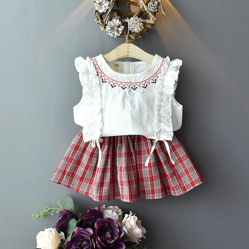 Children Kids Baby Fashion Girls Casual Ruffle Sleeve Sweet Top And Plaid Skirt 2pcs Set