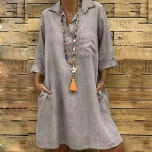 Autumn Winter Plus Size Women Casual Solid Color Lapel Loose Dress