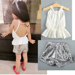 Girls Basic Solid Color Sleeveless Ruffled Backless Top And Sequin Shorts Set