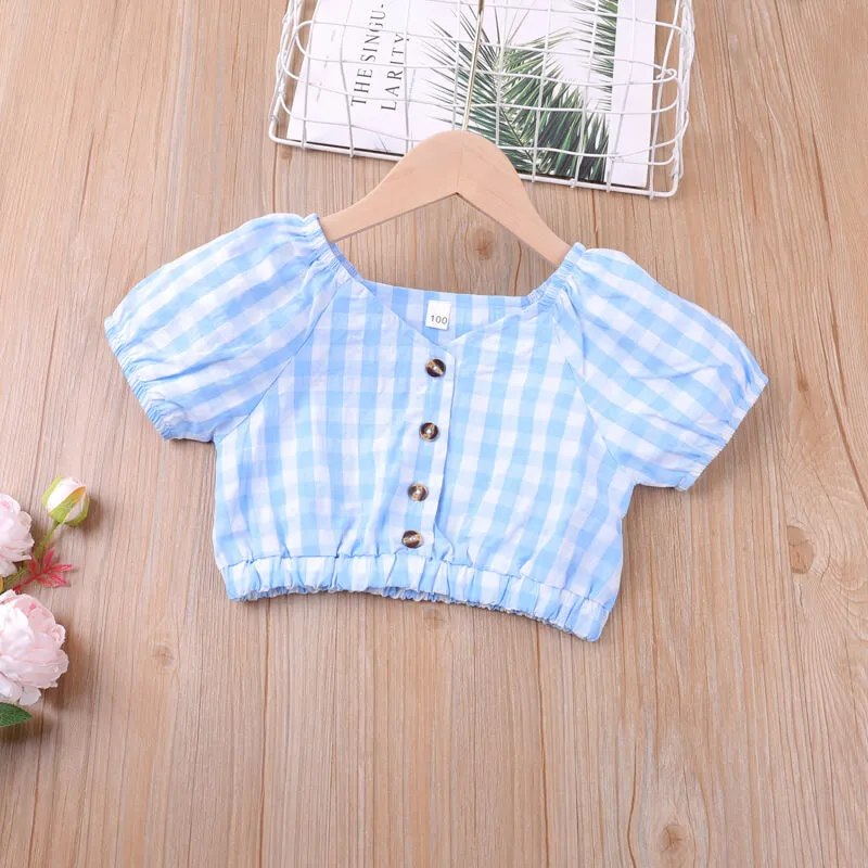 Girls Fashion Plaid Tops And Bow Decor Shorts Set