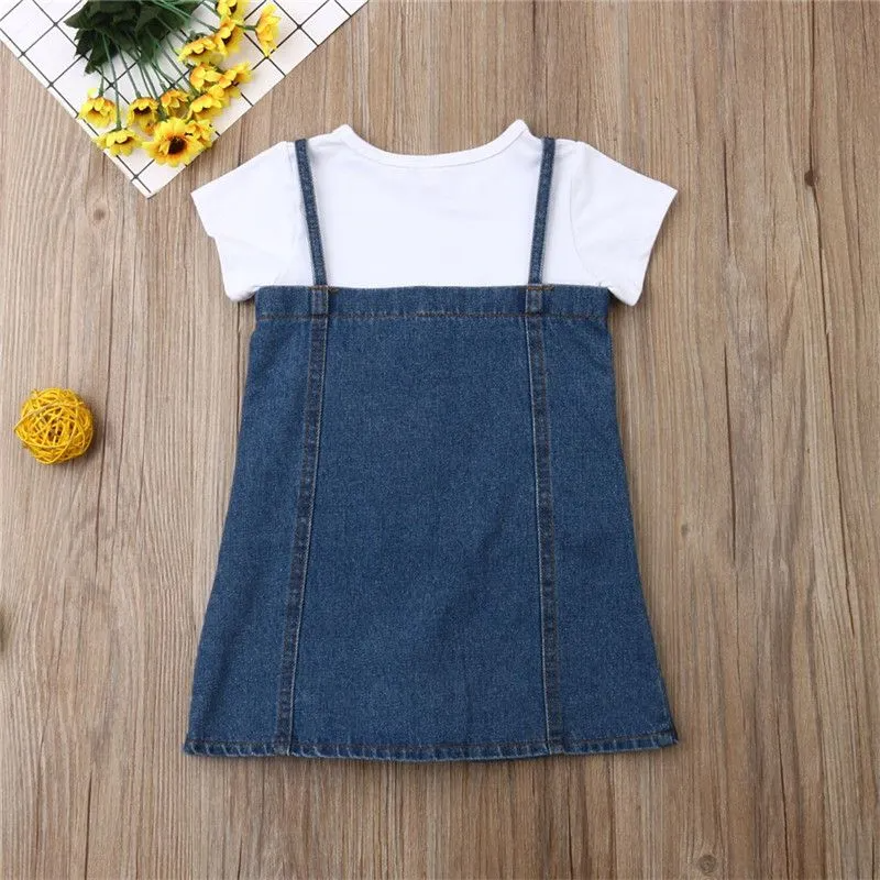 2 Pcs Set Fashion Girl White Tees And Denim Dress