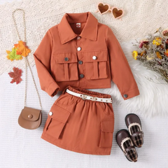 Kids Toddler Girls Autumn Winter Fashion Casual Solid Color Long Sleeve Lapel Coat Skirt Set