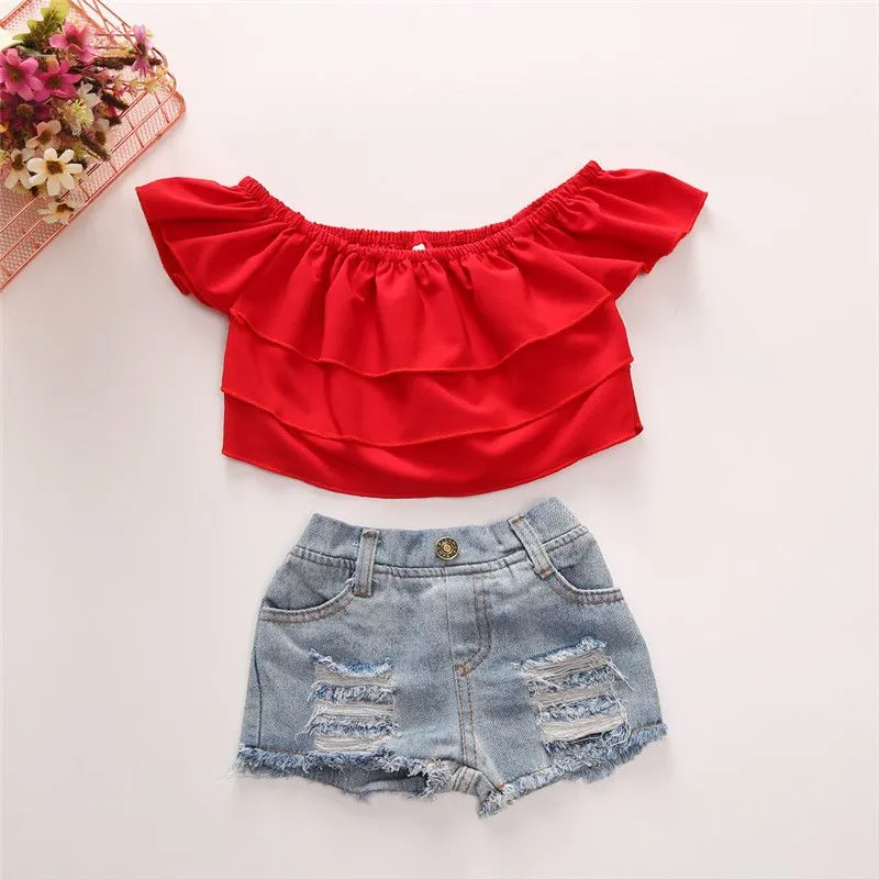 2 Pcs Set Girl Kid Red Ruffle Off-Shoulder Tops And Denim Shorts