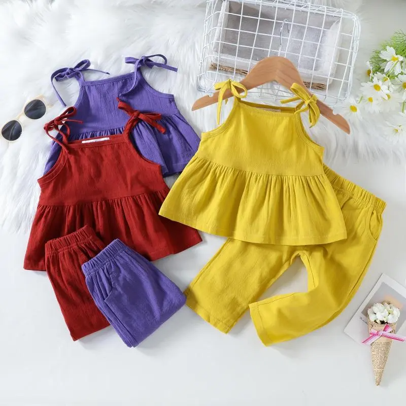 Children Kids Baby Fashion Girls Sleeveless Solid Color Sling Top And Pants 2pc Set