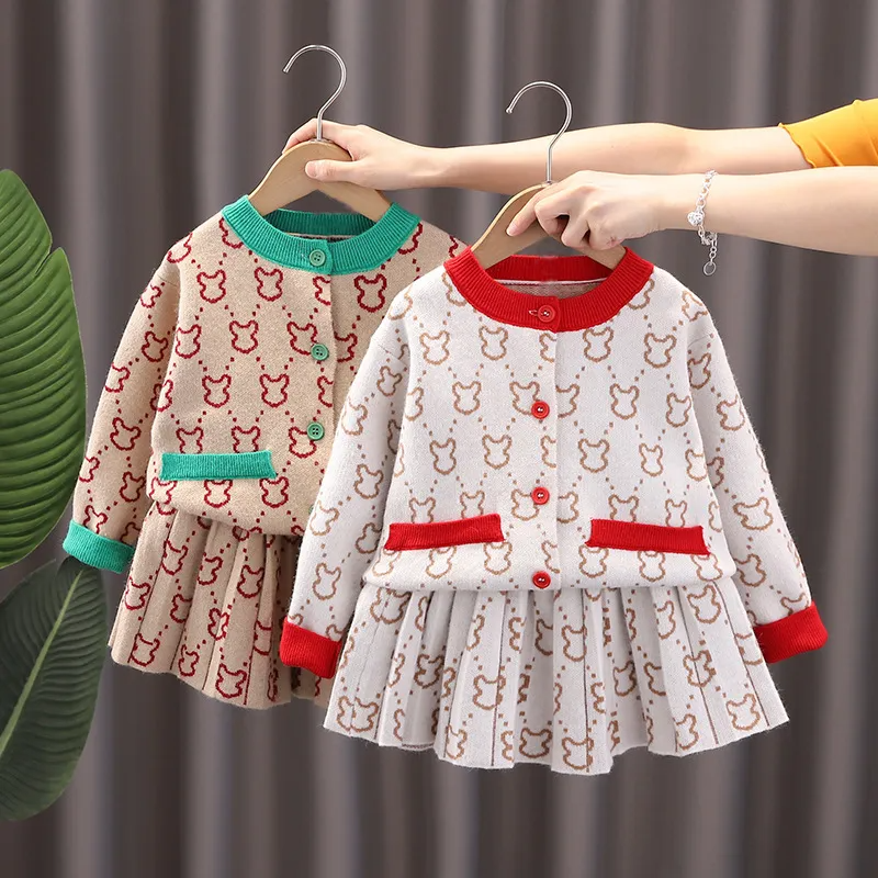 Kids Toddler Girls Autumn Winter Fashion Casual Simple Color Matching Cartoon Bear Button Round Neck Sweater Pleated Skirt Set