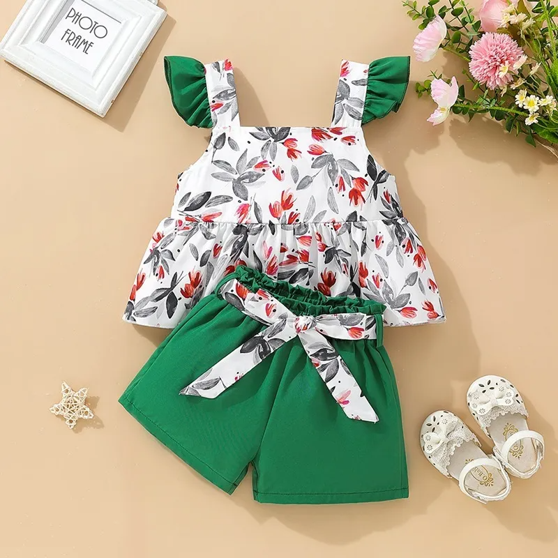 Children Kids Baby Fashion Girls Sleeveless Flower Print Top And Shorts 2pcs Set