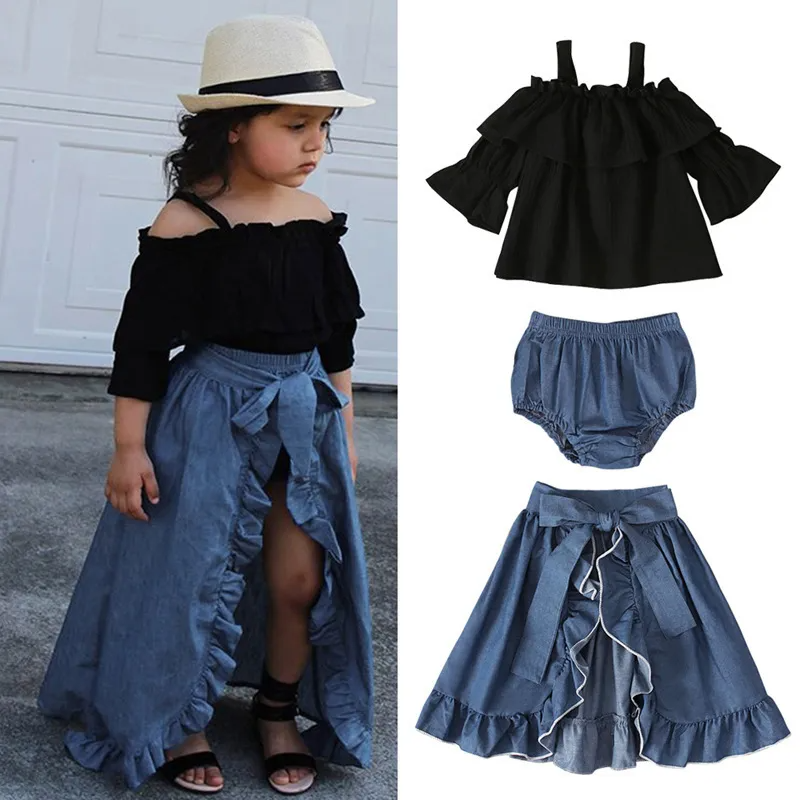 Kids Baby Girls Summer Fashion Pastoral Cotton Solid Color Strap Boat Neck Denim Skirt Set