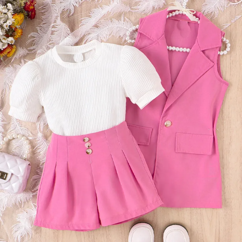 Kids Toddler Girls Fashion Casual Stripe Short Sleeve Round Neck T-Shirt Shorts Sleeveless Lapel Coat Sets