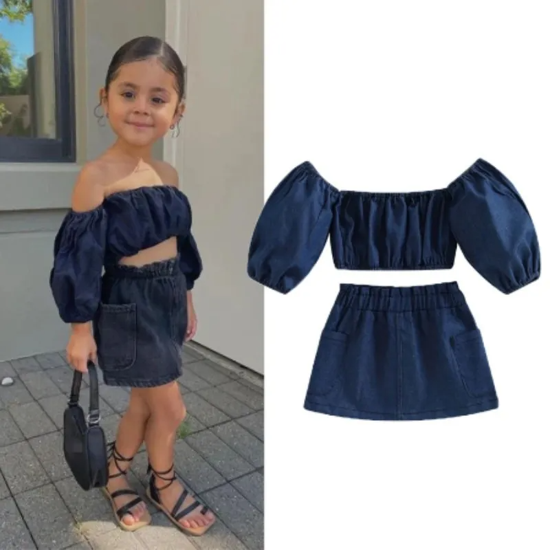 Kids Baby Toddler Girls Fashion Pleated Off Shoulder Top And Denim Skirt Two-Piece Set