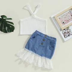 Kids Toddler Girls Casual Cute Solid Color Sleeveless Cami Top Lace Denim Skirt Set