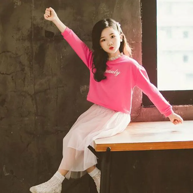 Cute Girl Simple Style Lace Patchwork Sweatshirts And Pink Tutu Skirts