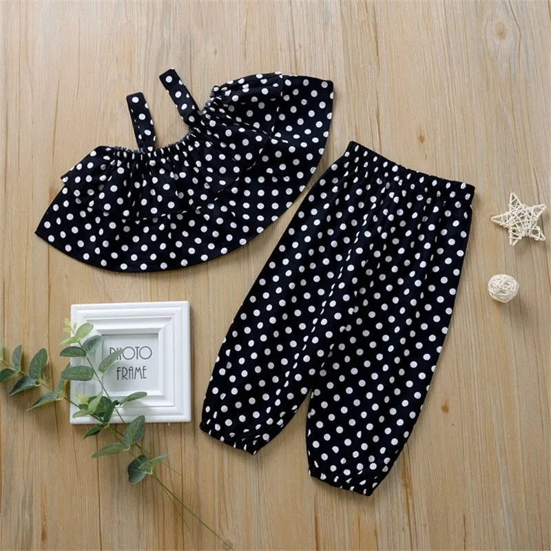 Casual 2 Pcs Set Girl Dot Print Ruffle Tops And Pants