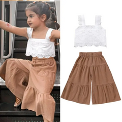 Kids Baby Toddler Girls Casual Ruffle Sleeveless Top And Wide Leg Pants Two-Piece Set