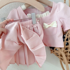 Children Kids Baby Fashion Girls Short Sleeve Bow Button Top And Pleated Skirt 2pcs Set