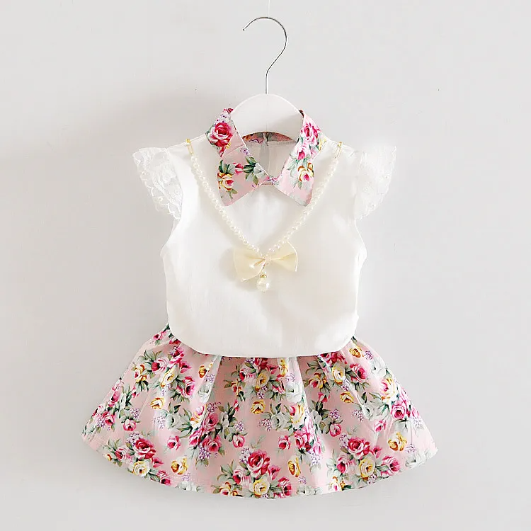 Children Kids Baby Fashion Girls Casual Basic Short Sleeve Flower T-Shirt And Skirt 2pcs Set