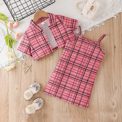 Children Kids Toddlers Fashion Girls Short Sleeve Plaid Top And Suspender Dress 2pcs Set